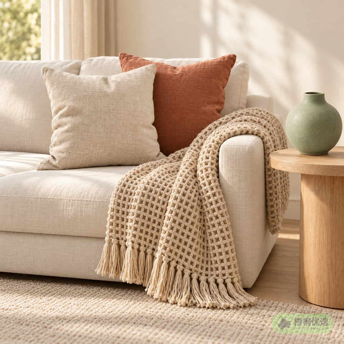 Living room with a cream sofa, linen cushions, knit throw and sage vase