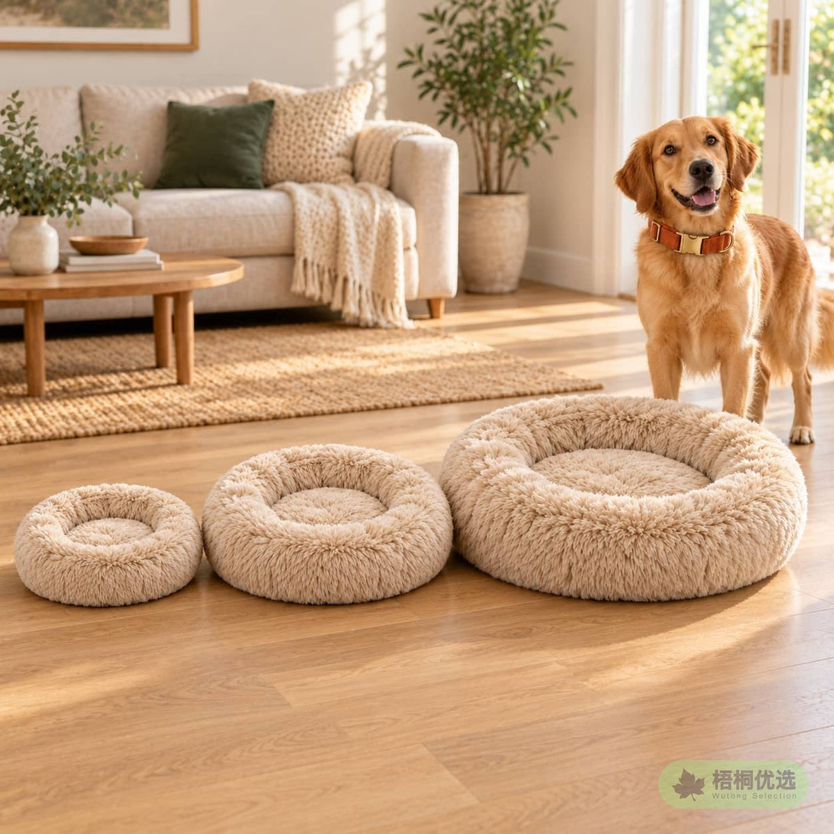 Three round plush dog beds in small, medium and large sizes on a wooden floor with a golden retriever standing nearby