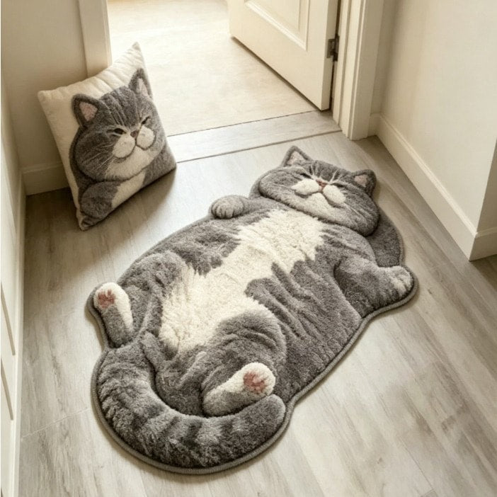 Sleepy Grey & White cat-shaped printed faux-cashmere rug
