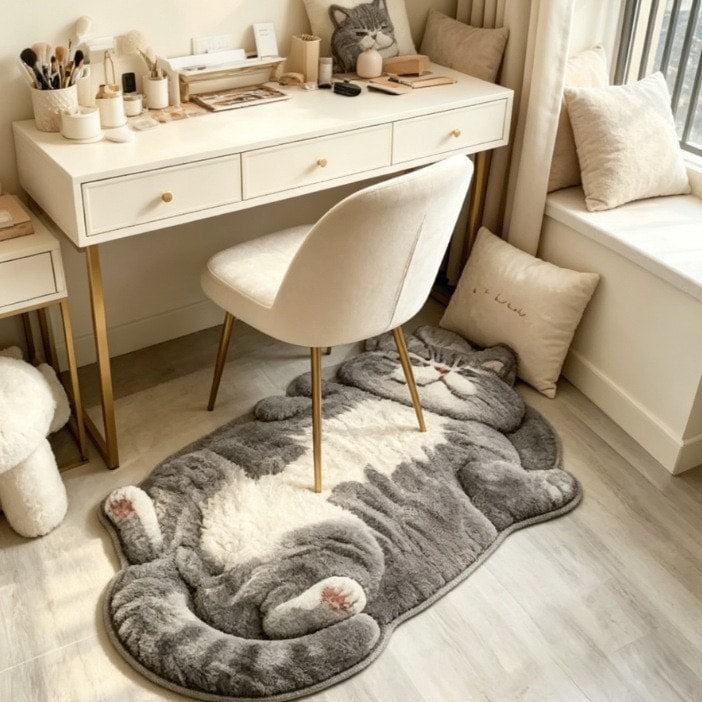 Sleepy Grey & White cat-shaped printed faux-cashmere rug