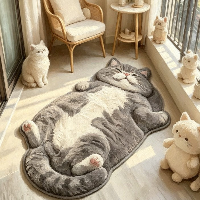 Sleepy Grey & White cat-shaped printed faux-cashmere rug