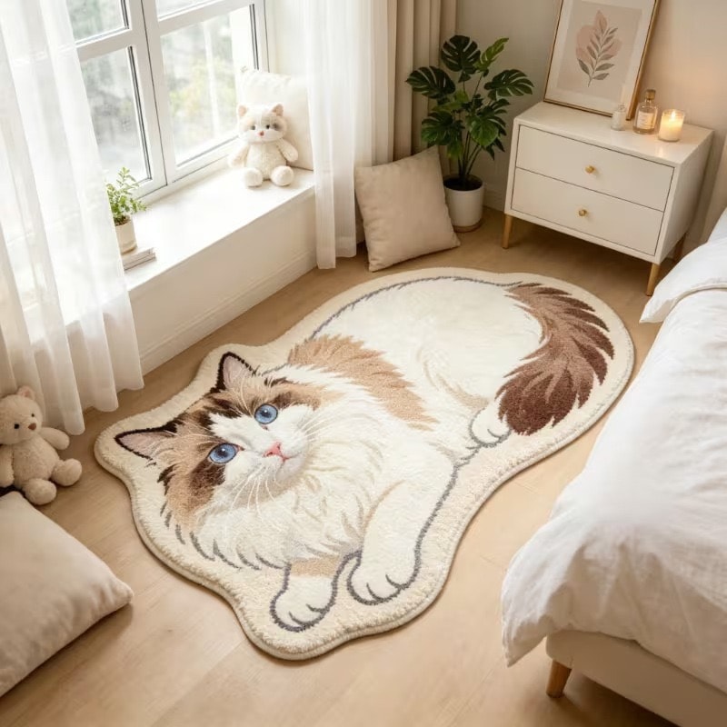 Blue-Eyed Ragdoll cat-shaped printed faux-cashmere rug