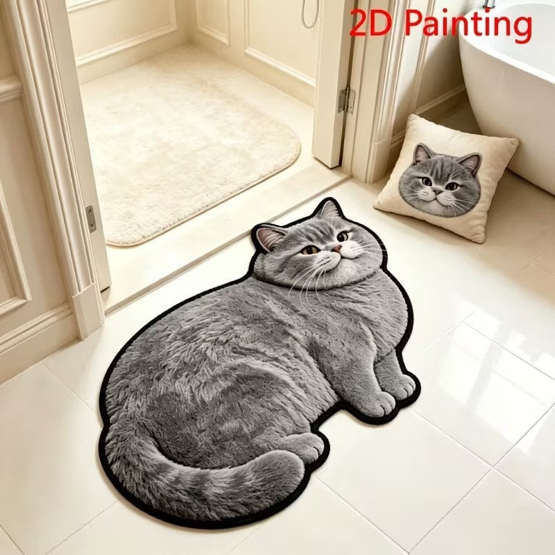 Sitting Grey Cat cat-shaped printed faux-cashmere rug