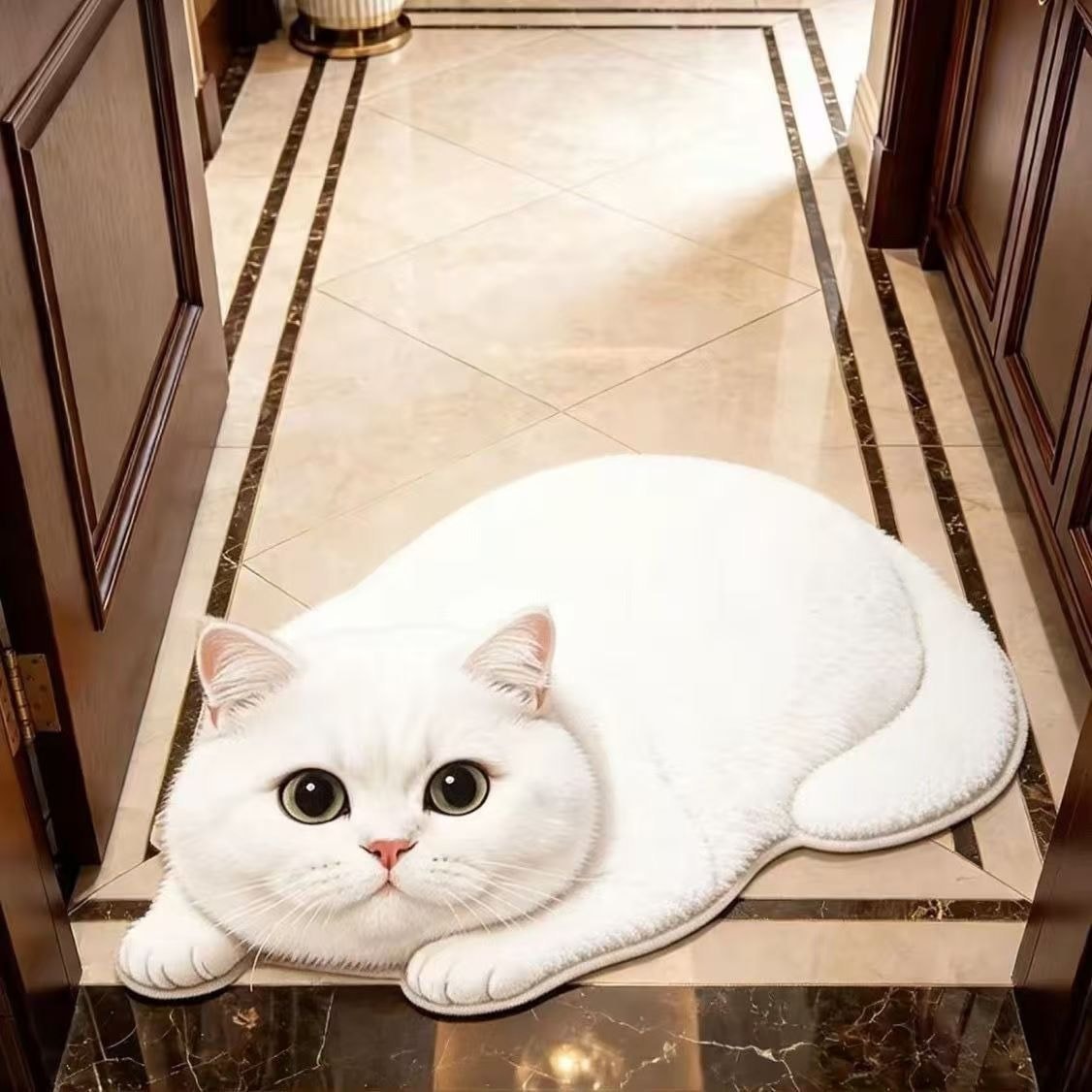 White Cat cat-shaped printed faux-cashmere rug
