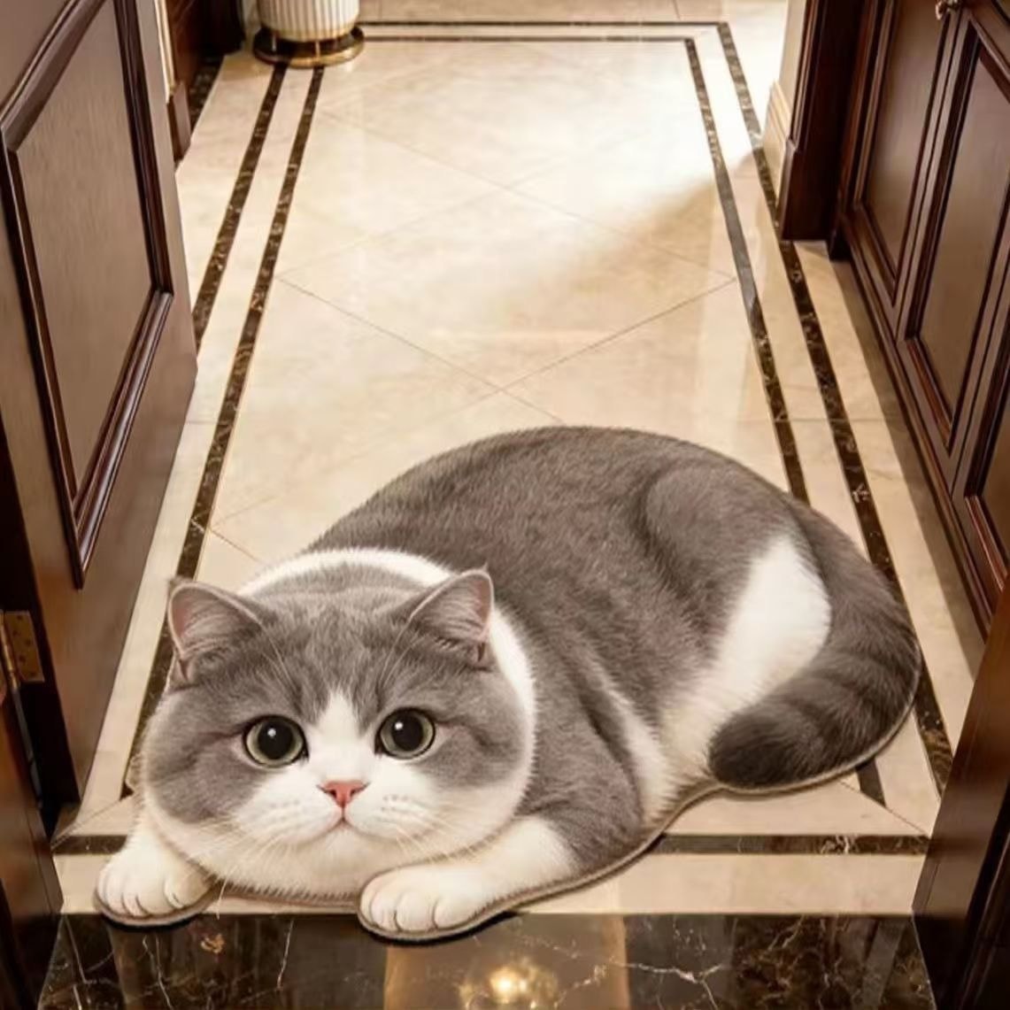Grey & White Cat cat-shaped printed faux-cashmere rug