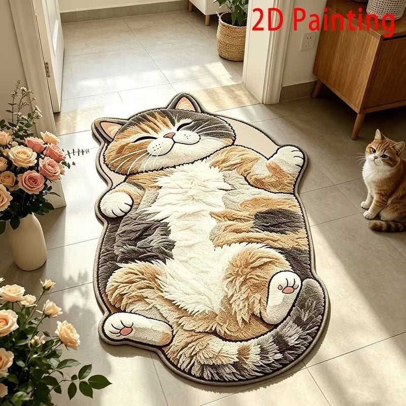 Sleepy Calico cat-shaped printed faux-cashmere rug