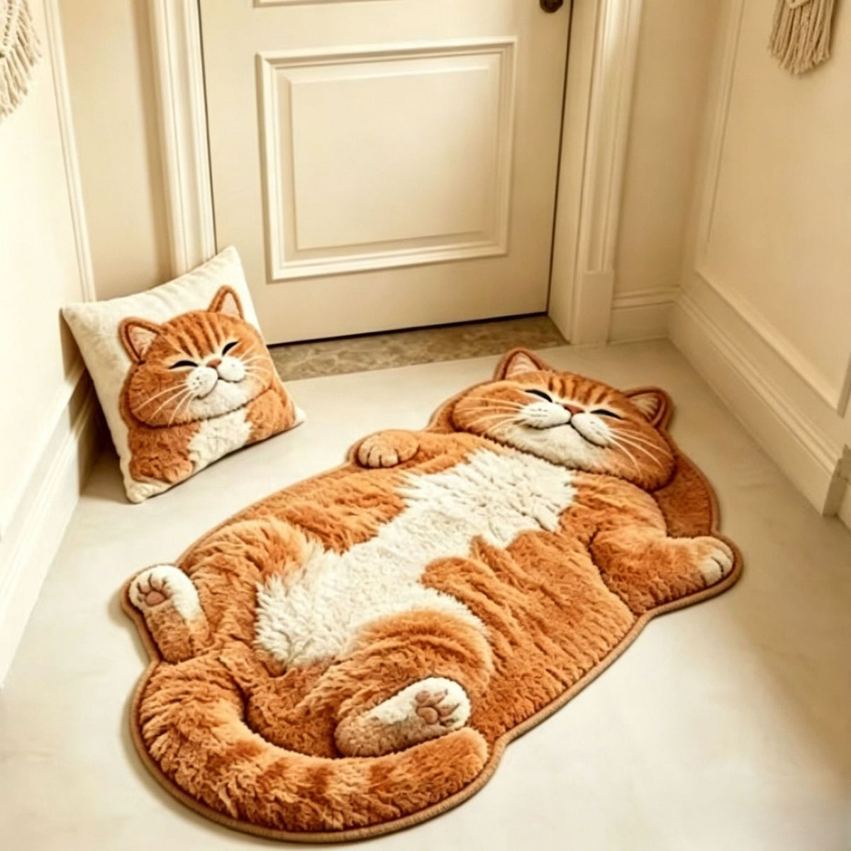 Sleepy Ginger cat-shaped printed faux-cashmere rug