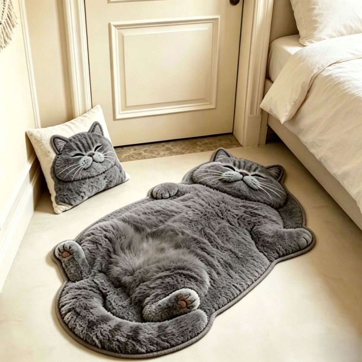 Sleepy Grey cat-shaped printed faux-cashmere rug