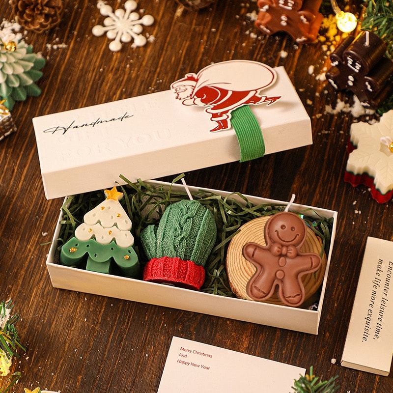 Tree, Mitten & Gingerbread - Updated - three-candle Christmas gift box