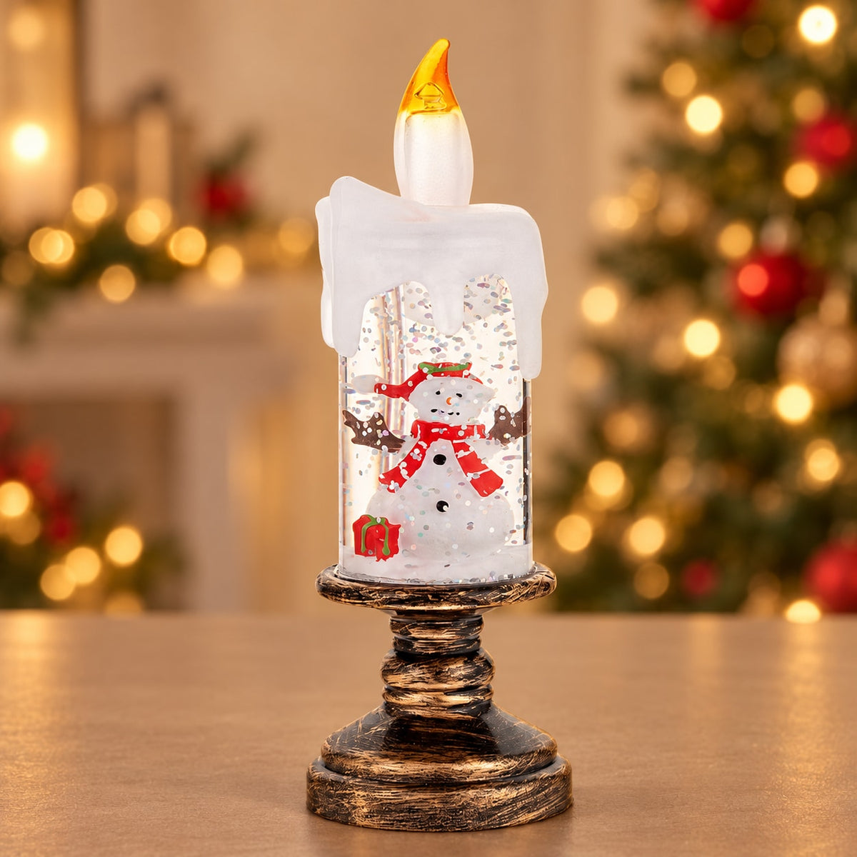 Tall Pedestal - Snowman - Christmas glitter candle light