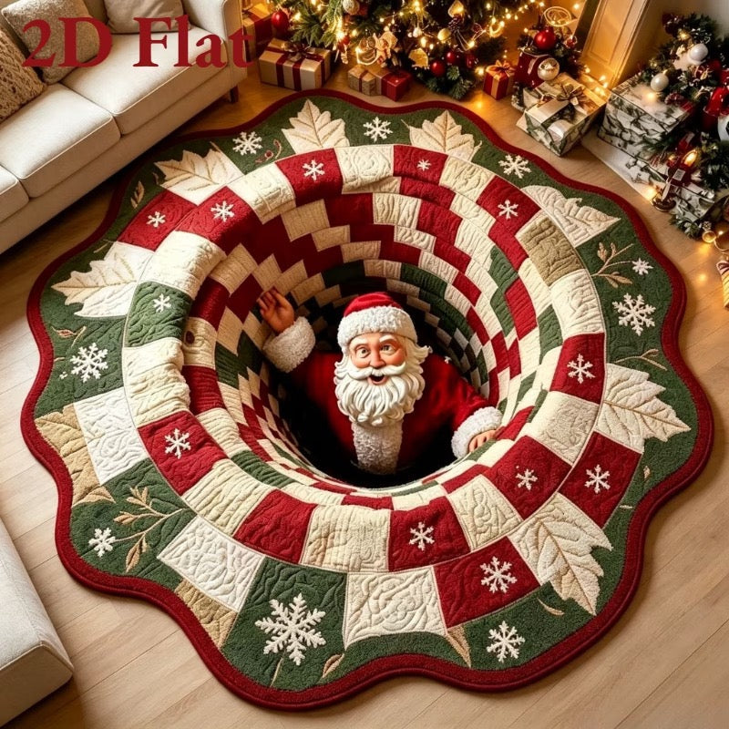 Santa optical-illusion Christmas rug in a festive living room
