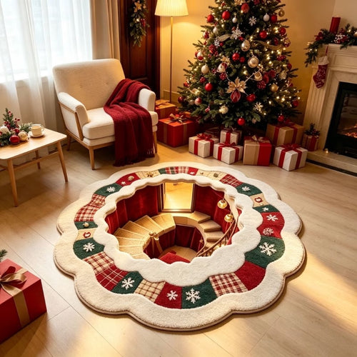 Christmas rug with a printed spiral-staircase optical illusion