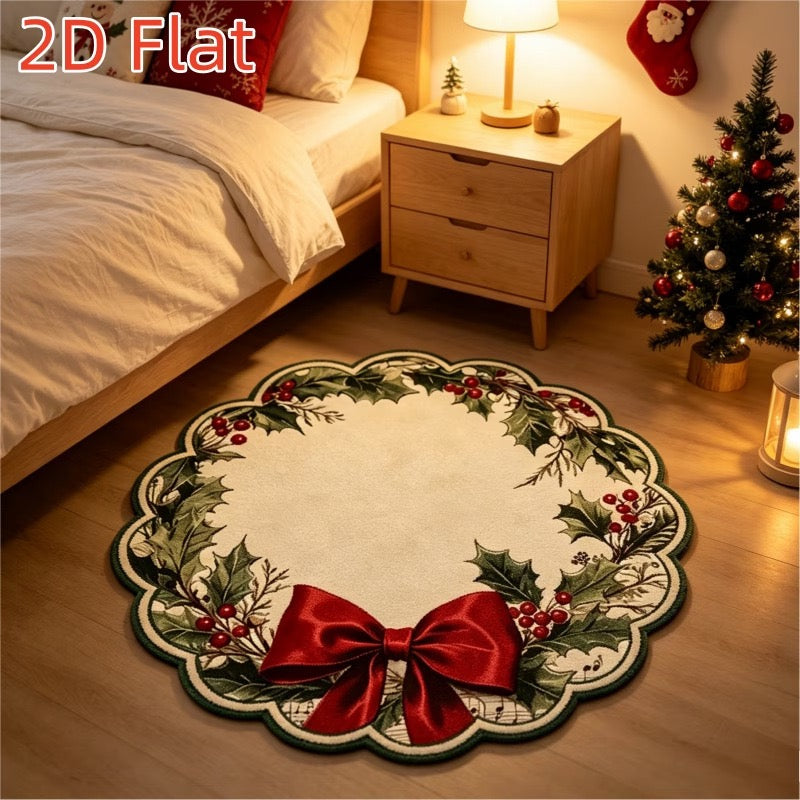 Cream scalloped Christmas rug with holly and a red bow