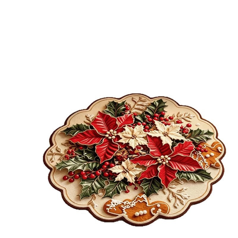 Scalloped Christmas rug with poinsettias, holly and gingerbread motifs