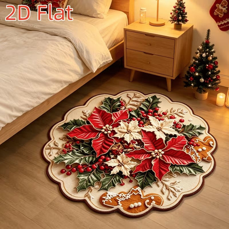 Poinsettia Christmas rug beside a bed