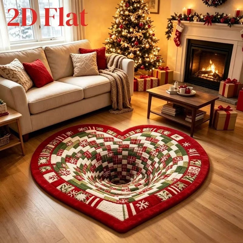 Heart-shaped Christmas rug with a printed geometric optical illusion