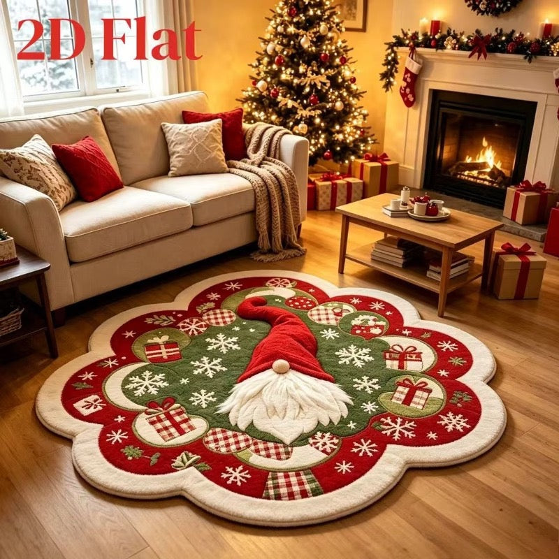 Scalloped green and red Christmas rug with a gnome motif