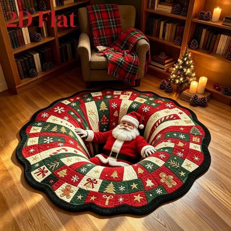 Santa optical-illusion Christmas rug in a cosy reading room