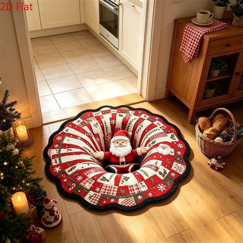 Round Santa optical-illusion Christmas rug in an entryway