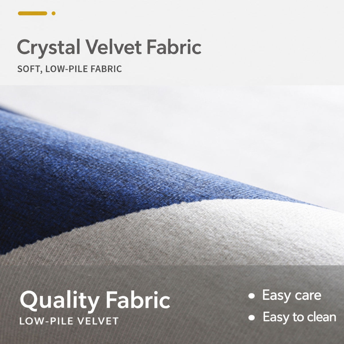 English fabric detail graphic: crystal velvet fabric, low pile and easy care