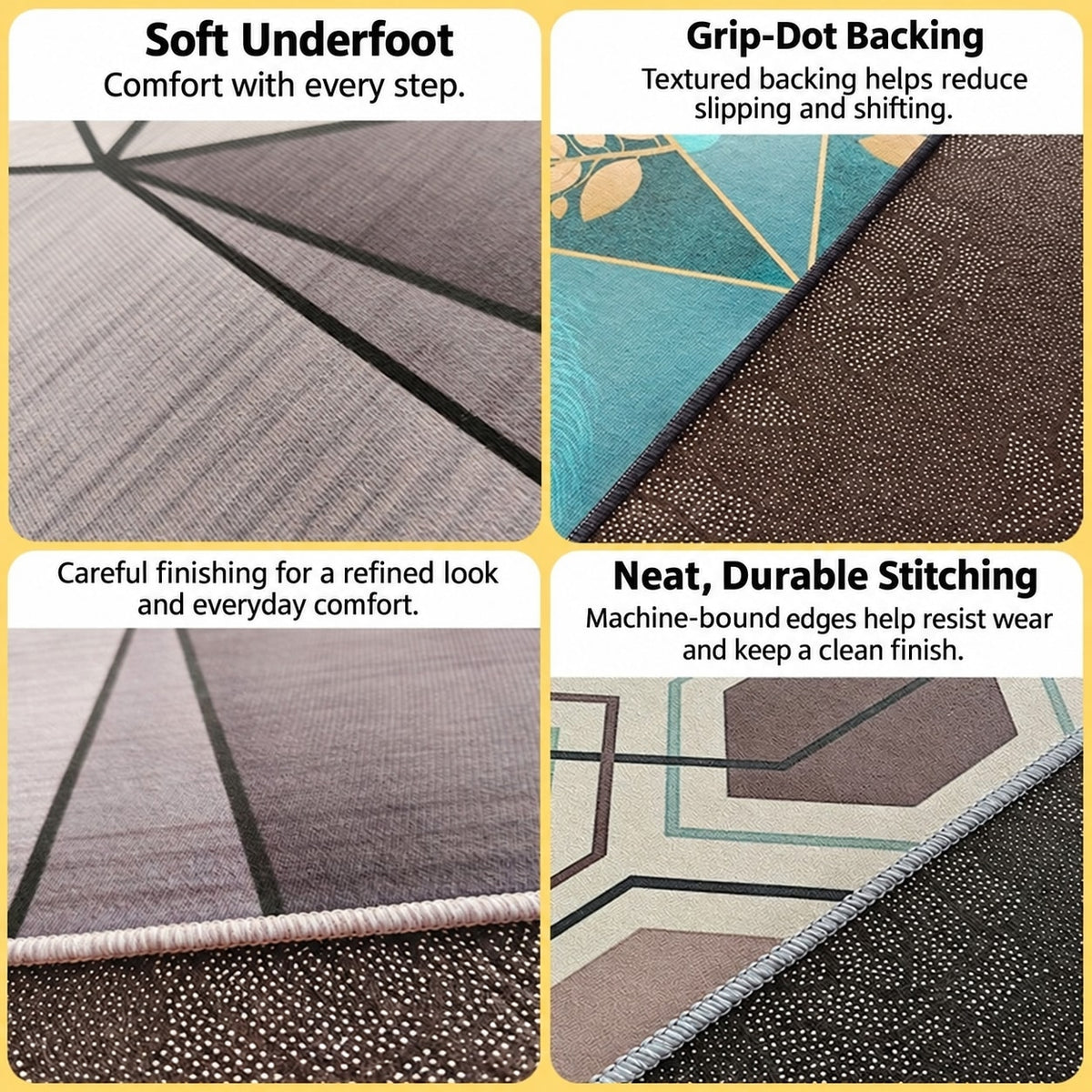 English rug detail graphic: soft surface, grip-dot backing and bound edges